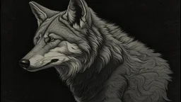 The image features a stylized depiction of a wild animal, likely a wolf or dog, rendered in shades of gray against a dark background. The animal's distinctive features and fur textures are highlighted, while the overall tone of the artwork conveys a sense of mystery and intrigue.