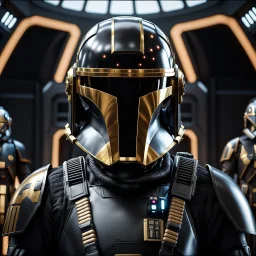 star wars bald male corellian pilot wearing dark gunmetal grey and black First Order special forces TIE pilot armored flightsuit and helmet with gold trim inside the jedi temple, centered head and shoulders portrait, hyperdetailed, dynamic lighting, hyperdetailed background, 8k resolution, volumetric lighting, light skin, fully symmetric details