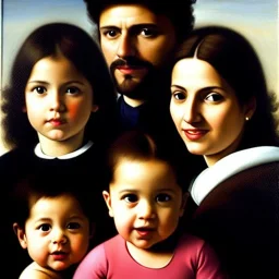 portrait of Jacobo Santiago Mozos born in 1976 and Gemma Arnau Arnau born in 1979,and daughters Eira Santiago Arnau and Dalia Santiago Arnau by Caravaggio,smiling, oil on canvas, cinematic composition, extreme detail,8k,fit full head inside picture,