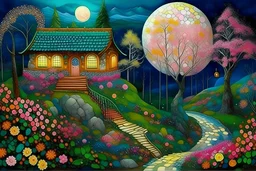Abstract surrealism, minimalistic art of stitching fabric, a beautiful calm garden with sakura trees, ferns and various flowers, a park bench, chirping birds, a couple walking along a footpath, wide shooting, Japanese art, fine art, brightening the image, the art of floral embroidery. colorful. Gustav Klimt. Thomas Kinkade. Josephine Wall