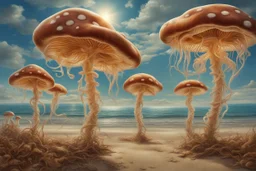 Standing on a beach of an alien world, mushrooms with jellyfish tentacles in the sky, photorealistic, Deep Colour, Fantastical, Intricate Detail, sunshine