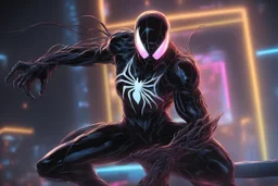 Huge symbiote in 8k 80s solo leveling shadow drawing style, yone model, neon lights, intricate details, highly detailed, high details, detailed portrait, masterpiece,ultra detailed, ultra quality