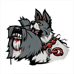 angry Terrier dog with a ball chain collar around neck, a chain leash attached to collar, blood shot eyes, bloodied teeth, vector