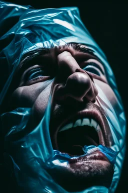 a dramatic 8k image of a person with a plastic covering the face, struggling to breath and trying to break free as it s tighly pulling over the face, chaos80