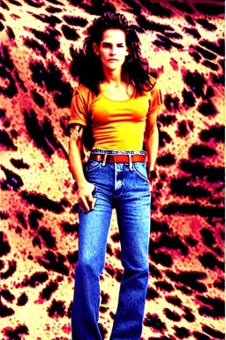 year 1997 denim fashion, "combat pants", cargo, Loose fit, low waist, baggy. Colors: denim blue, blue, purple, khaki, light green, lilac, plum, orange, terracotta, red, pink, dark blue, beige. Patterns: cheetah, balls, stripes. Women models. Sharon Stone, Sandra Bullock, Winona Ryder, Milla Jovovich, Big tennis shoes on. Latex in small part, areas, clothes..Combat pants. Leg warmers.