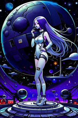 White woman with long purple hair, a good, athletic body, nice legs, and a large bust, dressed in a white latex mini suit and black, stay in an alien-like technological ship, black ground moon and stars