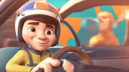 3d illustration of portrait handsome driver man wearing helmet. half body. pixar. cute style