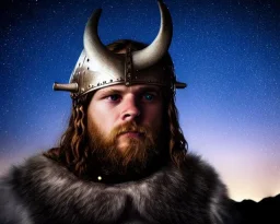 a sad and lonely viking looking up at the stars at night, hyper realistic, 8k, insane detail, atmospheric background, crying eyes, big fur coat, long braided hair, sharp focus, soft background, dynamic lighting, viking helmet, night time