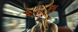 master oil painting by Rembrandt, scary ai sami cow gremlin woman on buss , motion blur background