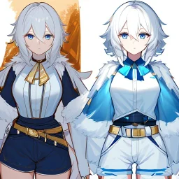 Clear focus, High resolution, rough line sketch art, short fluffy white hair, hair between eyes, fluffy hair, blue eyes, wearing a sleeveless shirt, wearing shorts, detailed outfit, lots of details, bow on belt, white belt, white and blue everywhere on outfit, cut sleeve, yellow chains around outfit