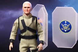 Mike pence G.i. joe toy doll space force uniform in a clear clamshell package hanging on rack in toystore