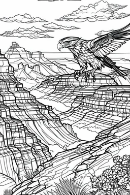 An eagle glides effortlessly over the immense, rugged grandeur of the Grand Canyon. The canyon's colossal depths and layered rock formations create a breathtaking backdrop for the eagle's flight, symbolizing the immense power of nature and the bird's absolute freedom..coloring book page, simple and clean line art, adult drawing book, black and white, crisp black lines, no shades, sharp lines, coloring book for adults, cartoon style, landscape