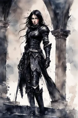 a young black-haired girl in medieval black armor on the castle grounds, watercolor, dark fantasy, bad weather, gloomy day, dark world, sketch art, fine lines, grunge, sensual, darkness, by Raymond Swanland & Alyssa Monks & Anna Razumovskaya