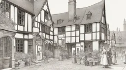 A Paved Courtyard, With Tudor Gothic Houses, Tall Chimneys, Crooked Roofs, a small stream, People, Shops,