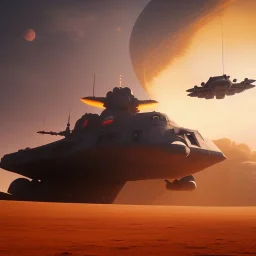 volumetric desert environment, Ralph McQuarrie style painting of an armored hovercraft with gun, floating in the air, highly detailed, renderman, duststorm at sunrise, cockpit glass is metallic blue