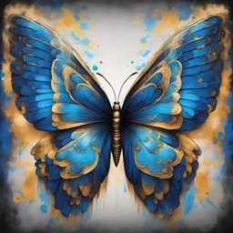 Angel's Wing Butterfly wings of vivid blues with wing patterns and outlined with intense gold flying in the heavens, in graffiti portrait art style