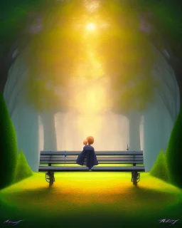 park mystical dream, park bench, man, woman, child, dog, trees, path, bird, sunshine, mystical, fantasy, romanticism, pastel colors, daylight, daytime, acrylic painting, detailed, soft focus,