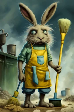 artist Jean-Baptiste style. A unhappy, disgruntled biomorph skinny fuzzy-headed old dust Bunny. skinny arms, legs, and body covered all over with bits of dust and dirt. blue eyes. A yellow dotted green raggedy apron. holding a mop and pail. standing in a cloud of dust. large bits of dirt flying around his head. style of Tim Burton.