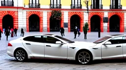 A Tesla's 'Model S Plaid' is parked, at the 'Plaza de la Constitución', in the city of Mexico. CINEMATIC. WIDE ANGLE LENS. PHOTO REAL.