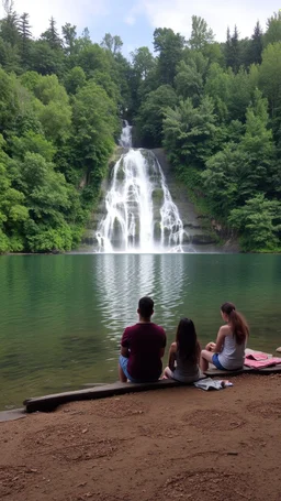 A lake with waterfall and people sitting peacefully watching the water , peaceful scene