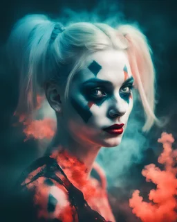 realistic portrait of harley quinn The face of a harlequin; double exposure juxtaposed with Memories of corals, bioluminescence, smoke and loneliness. A cold colour palette with only the fire having warm colours ; hyperealistic photography style digital double exposure post processed for greater detail