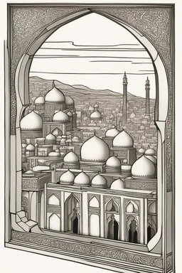 Fenster Ausblick auf persische Stadt aus 1001 Nacht gerade Perspektive thin lines draw style