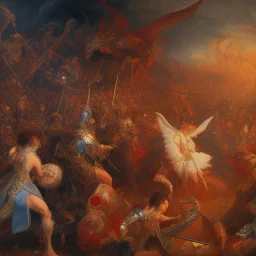 The battle of angels and demons, a painting with detailed and complete details, full HD resolution, 4K, 8K, 16K, a work of art and magic, realism, 3D, voluminous, symmetrical