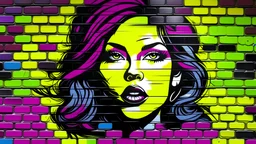 Graffiti background on a brick wall, black, yellow, purple, pink. girl