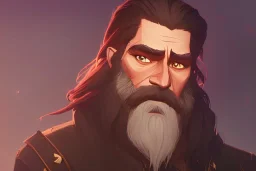 Other worldly boisterous braided long haired bearded tall middle-aged man wearing gold rings and rugged long fur trimmed merchant's coat, dark background, dynamic lighting, full body character design, glowing eyes