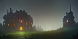 Ruined overgrown small castle in a dense coniferous forest, dynamic lighting, night, misty