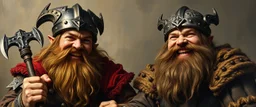 master oil painting by Rembrandt, family portrait two smiling bad ass warrior clad muscle sturdy buildt deep rock metal towering dwarves in gritty metal helmets and in fine clothes and with ice picks laughing, seem from above