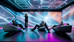 High angle shot from futuristic scene featuring three exhausted professionals in a high-tech office setting. The photograph captures the trio lying on the floor, with one man and two women displaying their fatigue. In the background three overturned black chairs lies down on the floor. showcases a mesmerizing holographic projection wall, displaying enchanting movie scenes that add depth and dimension to the scene. The sophisticated lighting system accentuates the futuristic ambiance