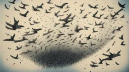 handmade drawing of a swarm of birds in the sky