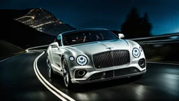 A sleek white shiny (((electric bentley))), its contours and details perfectly captured in a (((cinematic view))), zipping along a winding road under a beautiful blue black night sky