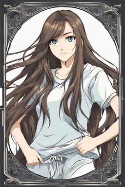 attractive anime woman with brunette long hair, t-shirt and sweatpants, full body in frame,