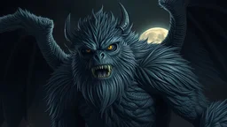 closeup big stocky gray furry monster man with dark wings, night, full moon, 8k, high quality, trending art, trending on artstation, sharp focus, studio photo, intricate details, highly detailed, by greg rutkowski