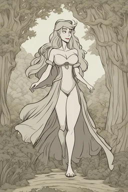 [Disenchantment, Ursula] Deep within the heart of the enchanting forest, where the towering trees swayed in the breeze and the melodies of nature filled the air, Ursula, a tall and imposing figure, embarked on an unexpected journey. Her robust build and sturdy physique made her stand out against the backdrop of lush greenery. Ursula, known for her role as a warrior and protector of Dreamland, had entered the forest with a purpose. In her human form, she bore wild, blond hair that flowed untame