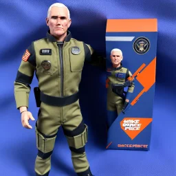 Mike Pence G.I. Joe toy Doll spaceforce uniform, orange blue fabric, guns, wall packaging for sale, bright pricetag, empty box