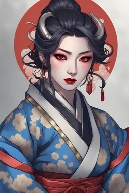 portrait of a young alluring female oni samurai wizard in super tight blue kimono armor, demon horns, feudal japan, D&D character, RPG, fantasy character, stylish, 8k, beautiful, perfect lips, red lips, Kabuki makeup, detailed eyes, perfect eyelashes, big chest, houtglass body, pale white skin, seductive expression,casting spell, cherry blossoms in background, legend of the five rings rpg, anime art style, heroic pose, full body picture