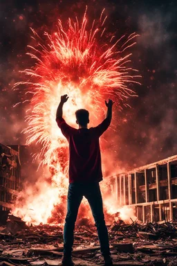 Young man standing, with arms raised, in front of an exploding building at night, with red lightening around him