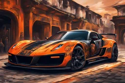 SUPER FUTURISTIC SPORT CAR, orange AND BLACK MATE PAINT AND DETAILS, 3/4 VIEW ANGLE, SHINNING detail of PAINT intricate detailed extremely epic athmospheric costume and ancient roman hyperrealistic background full body portrait art, EPIC STREET BACKGROUND, volks wagen INFLUENCED