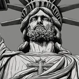 line toned, hedcut, wsj style, statue of cruicified Jesus of Liberty with a beard and wearing a cross and hanging from a cross, The statue male, hyperdetailed intricately detailed photoillustration ink drawing dystopian 8k resolution entire body of the statue is in the picture. digital illustration telephoto lens photography , same colors as the us treasury's one dollar bill, crucified"