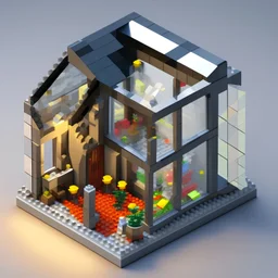 3d rendering of small house build by lego blocks on shiny glass surface