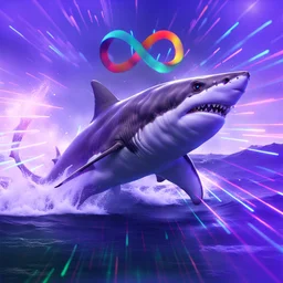 infinity symbol ∞ with vibrant powerful shark jumping out of the sea, striking, neon, chiaroscuro, dramatic, captivating, powerful, fantasy, beautiful, octane render, 16k post-production, artstation: award-winning: atmospheric: commanding: fantastical: clarity: ultra quality: striking: brilliance: stunning colors: amazing depth; lens: f/11, 35mm