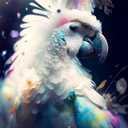 Pretty parrot portrait Beautiful pretty By Mandy Disher, fantastical otherworldly, white flowers, vibrant colors, intricate infinite fractal micro synapses diamond feathers, intricate details, Ismail Inceoglu, bokeh,