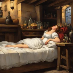 a beauty asleep in the bedroom of the tavern