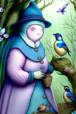 Friendly witch, playing with robins and bluetits, perfect iris, pastel colours, style Beatrix Potter