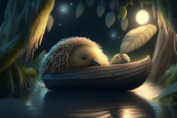 cute kiwi with thick fur in boat, by moonlit forest by stream, book illustration, fine detail, 4k, trending, volumetric light, depth of field