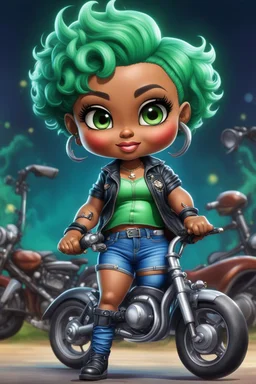create an airbrush illustration of a chibi cartoon voluptuous black female wearing a blue jean outfit with biker boots. Prominent make up with hazel eyes. Extremely highly detail of a very low green pixie haircut. Background of a bike show.