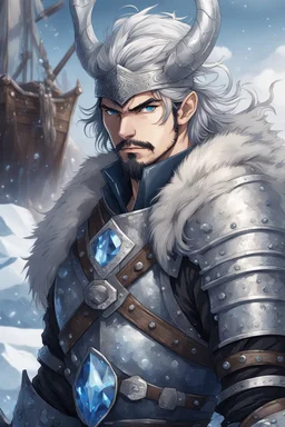 in anime style, 1man, a man with blue eyes and black hair man in silver Viking armor with fur around the neck with blue crystal on his chest holding an axe in his hands standing on a pirate ship in the artic, warrior in anime style,